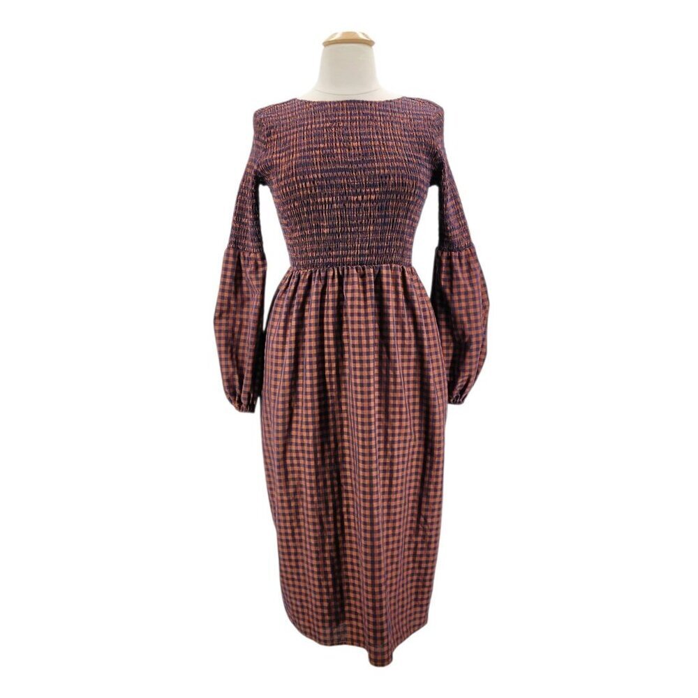 Pamela Love Womens Dress XL Midi Checker Brown Navy Blue Balloon Sleeve Boho - Picture 10 of 10
